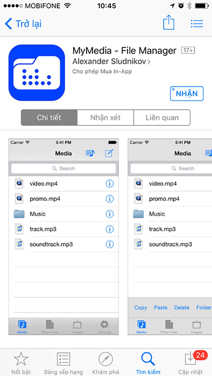 Nên cài đặt ứng dụng MyMedia hoặc Documents đầu tiên trước khi muốn tải video về điện thoại từ facebook