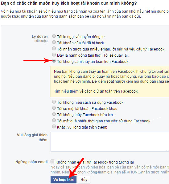 Thông báo lựa chọn để vô hiệu hóa Facebook
