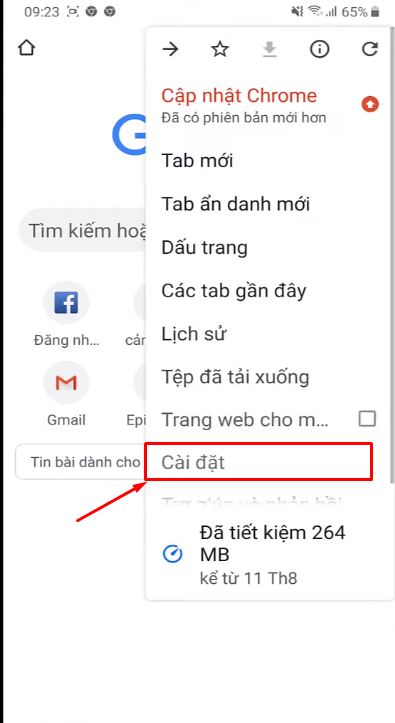 Vào dấu 3 chấm ở góc Google chrome và bấm vào phần cài đặt