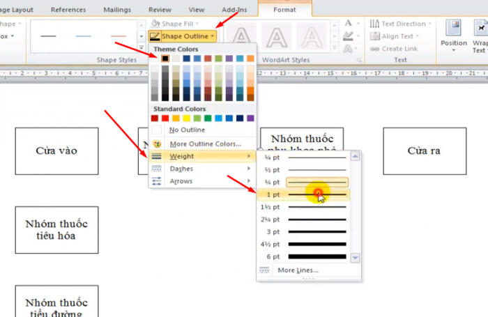 Chọn Shape Outline > Chọn màu > Chọn Weight> chọn 1pt 