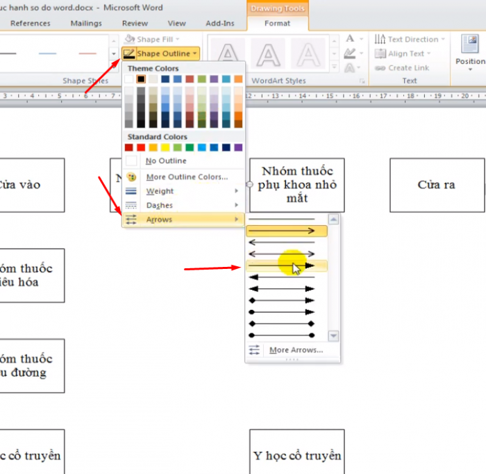 Chọn Shape Outline > Chọn Arrows > chọn mũi tên to 