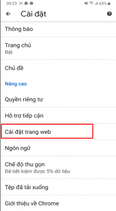 Khi chọn cài đặt bạn được chuyển vào phần cài đặt mà bấm chọn Cài đặt trang web 