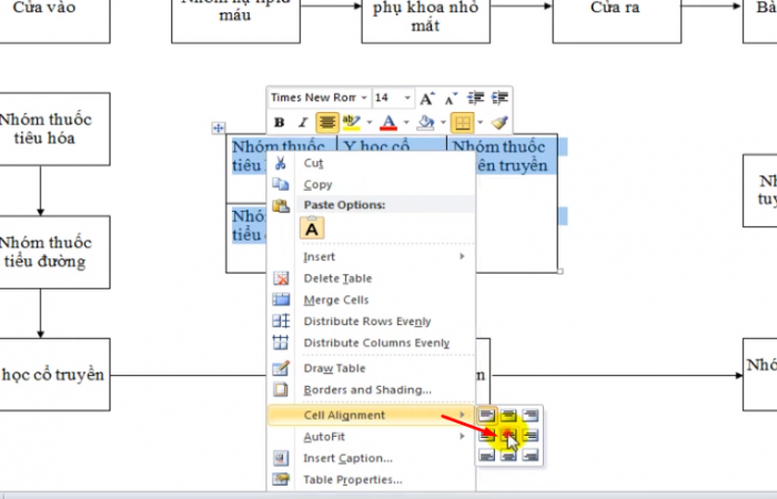 Click chuột phải vào ô và chọn Cell alignment