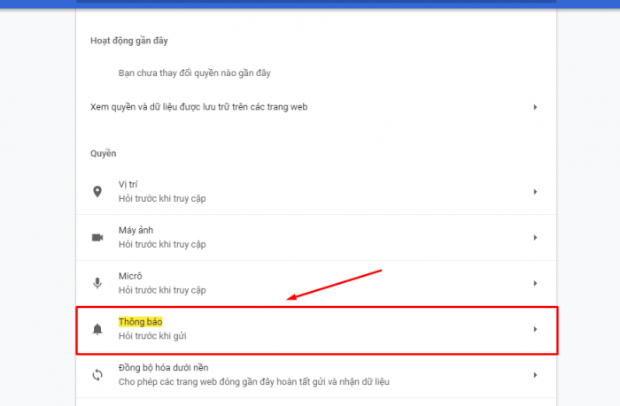 Khi bấm vào cài đặt trang web lướt xuống tìm chỗ có chữ Thông báo(Hỏi trước khi gửi)