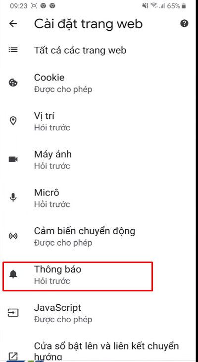 Khi các bạn bấm cài đặt trang web và bạn lướt xuống tìm chữ Thông báo