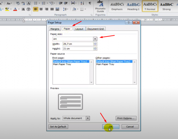 Chọn phần Paper, để khẩu giấy A4 và nhấn Ok.