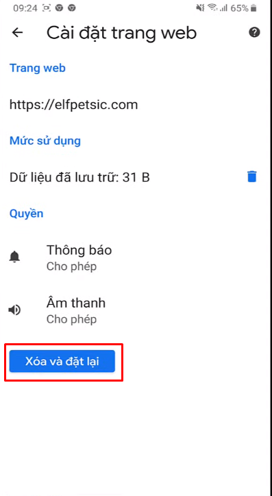 Click vào trang web và bấm vào  Xóa và đặt lại, nếu các bạn thấy quá nhiều thì tắt tất cả đi 