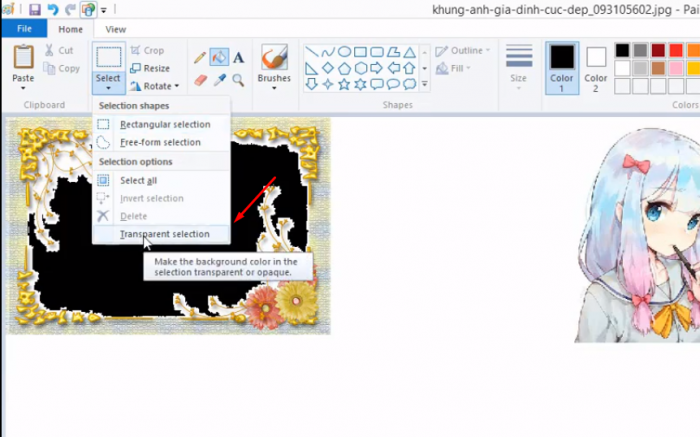 Khi chọn Transparent Selection xong thì bạn bấm vào ảnh và tạo 1 cái khung, bạn có thể kéo khung ra ảnh của bạn muốn ghép