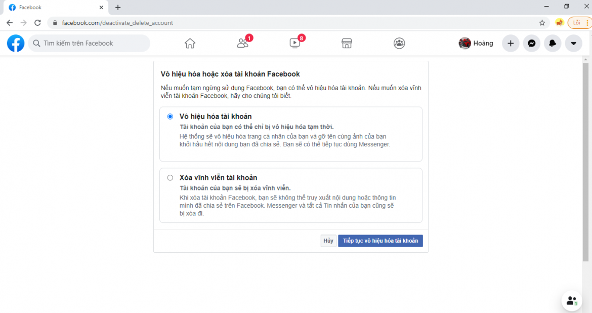 chon muc ban muon xoa hoac khoa Cách khóa facebook trên điện thoại và máy tính nhanh nhất